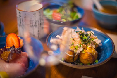 High angle view of meal served on table