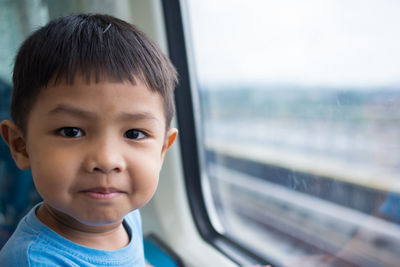 Portrait of boy traveling in train