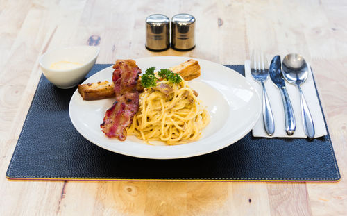 High angle view of meal served on table