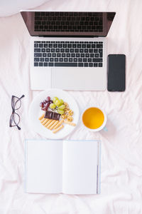 High angle view of breakfast served on table