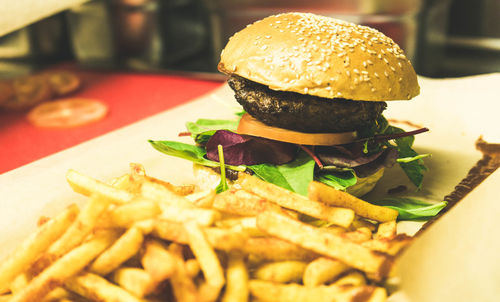 Homemade burger with fries