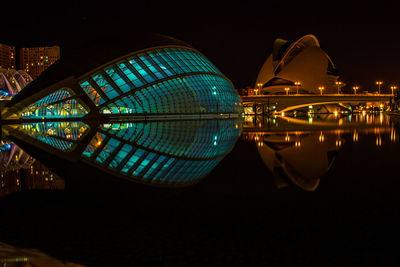 Reflection of illuminated building in water at night