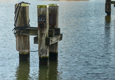 Wooden post in lake