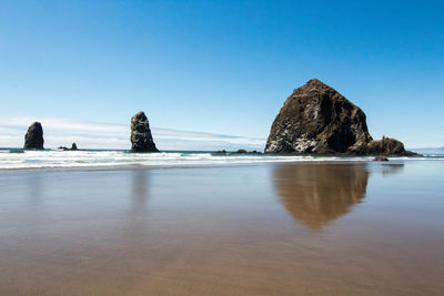 Rock formations on beach against clear blue sky