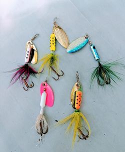 Directly above view of fishing hooks