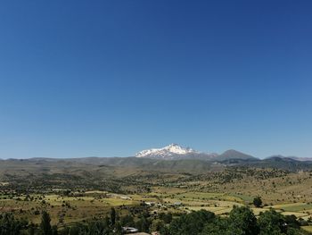 Scenic view of landscape against clear blue sky