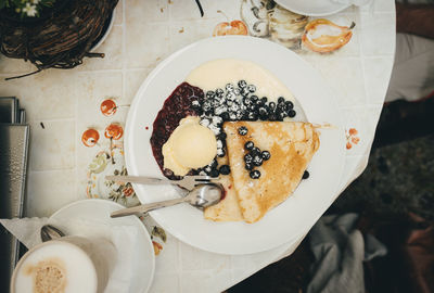 Directly above shot of cake served on table