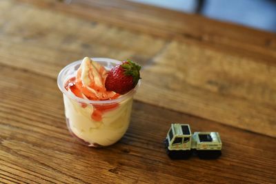 High angle view of dessert on table
