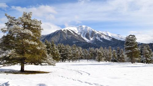 Scenic view of snow covered mountains against sky