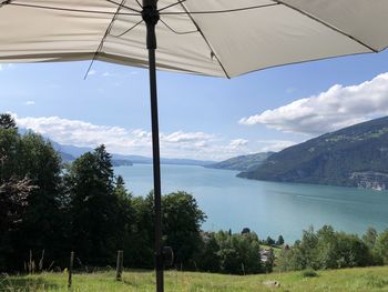 Scenic view of lake and mountains against sky