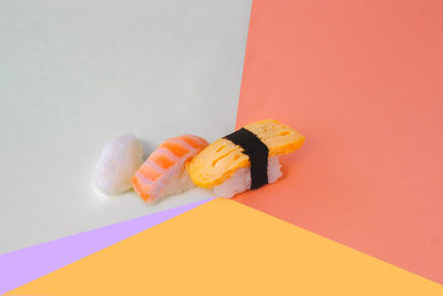 High angle view of sushi on table
