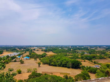 High angle view of buildings against sky