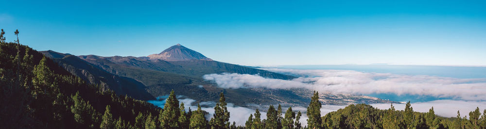 Panoramic view of mountains against clear blue sky