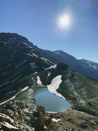 Scenic view of mountains against blue sky