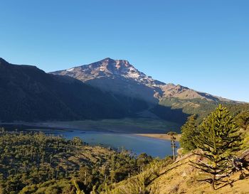 Scenic view of lake and mountains against clear blue sky