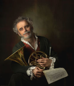 Portrait person french horn homage to a painting by louis gabriel blanchet horn 
 musical instrument