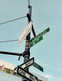 Low angle view of road sign against clear sky