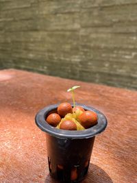 Close-up of fruits on table against wall