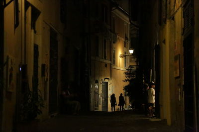 People walking on street amidst buildings at night