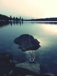 Fishing rod at lakeshore against sky during sunset