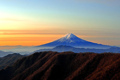 Scenic view of snowcapped mountains against sky during sunset