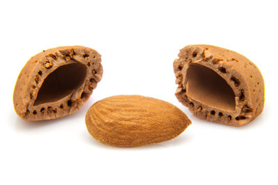 Close-up of cookies against white background