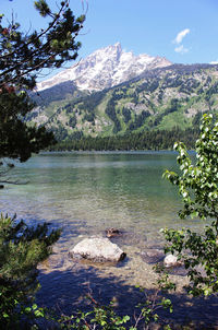 Scenic view of lake and mountains against sky