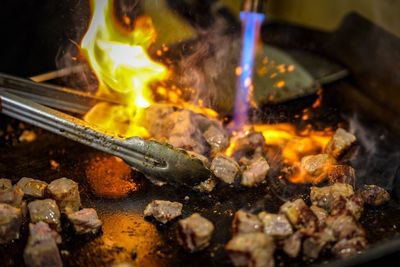 Close-up of bonfire on barbecue grill