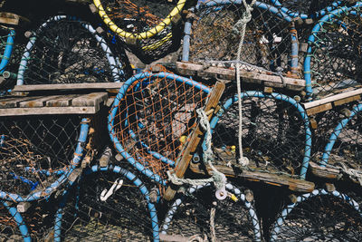 Full frame shot of stacked lobster traps at harbor