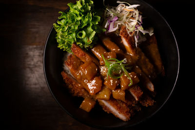 High angle view of meal served on table