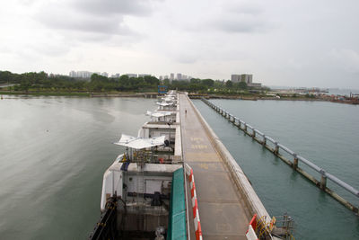 High angle view of pier on river against sky
