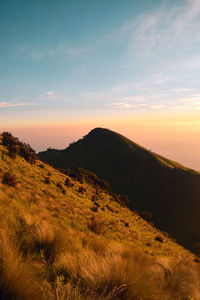 Sunrise from the top of mount merbabu with hills filled with savanna