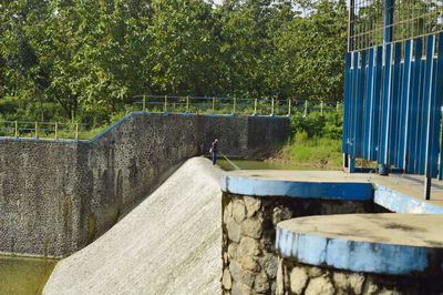 Man jumping on railing against trees