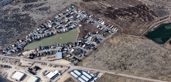 High angle view of buildings in town