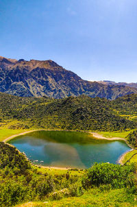 Scenic view of lake and mountains against sky