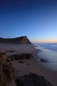 Scenic view of sea against clear blue sky