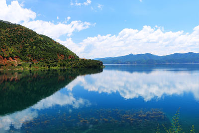 Scenic view of lake and mountains against sky