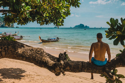 Man sitting on beach against sky