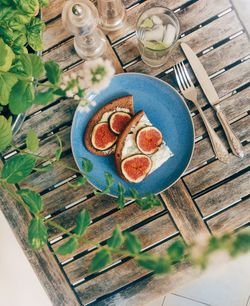 High angle view of breakfast served on table