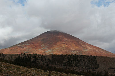 View of volcanic landscape against cloudy sky