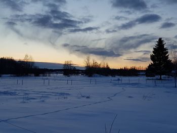 Scenic view of snow covered field against sky at sunset