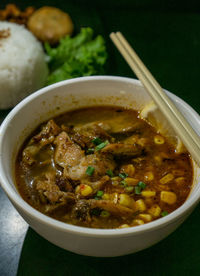 High angle view of food in bowl on table