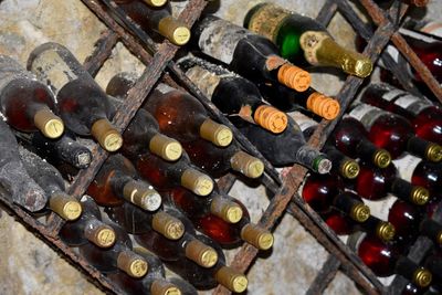 Old wine bottles in rack