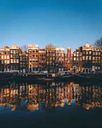 Reflection of buildings in river against clear sky