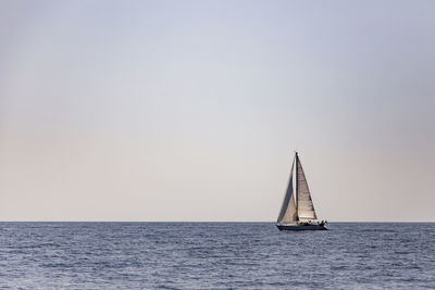 Sailboat sailing on sea against clear sky