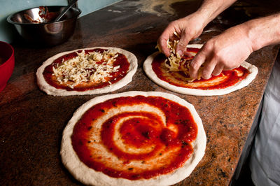 High angle view of pizza on table