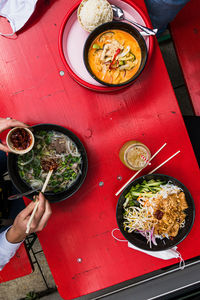 High angle view of meal served on table