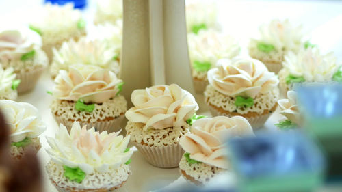 A variety of delicious desserts, cupcakes, cream cakes, whipped cream, flowers made with cream.