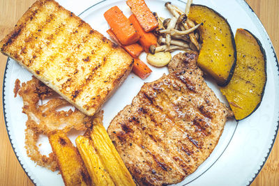 High angle view of bread in plate on table