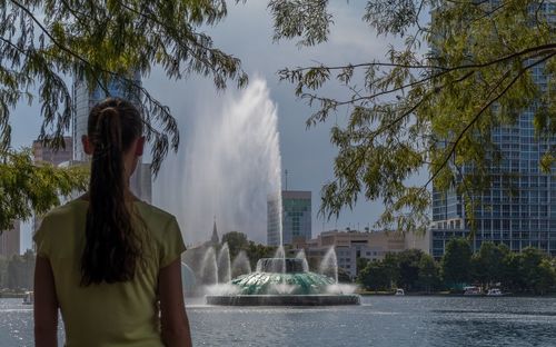 Fountain with buildings in background